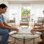 Home care aides in Broward County providing companionship while assisting a senior with a puzzle at home